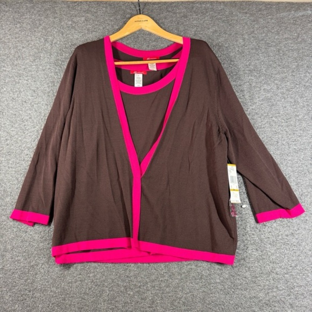 NWT Anne Klein Knit Sleeveless Top‎ Cardigan Women 3X Brown Pink Trim Colorblock